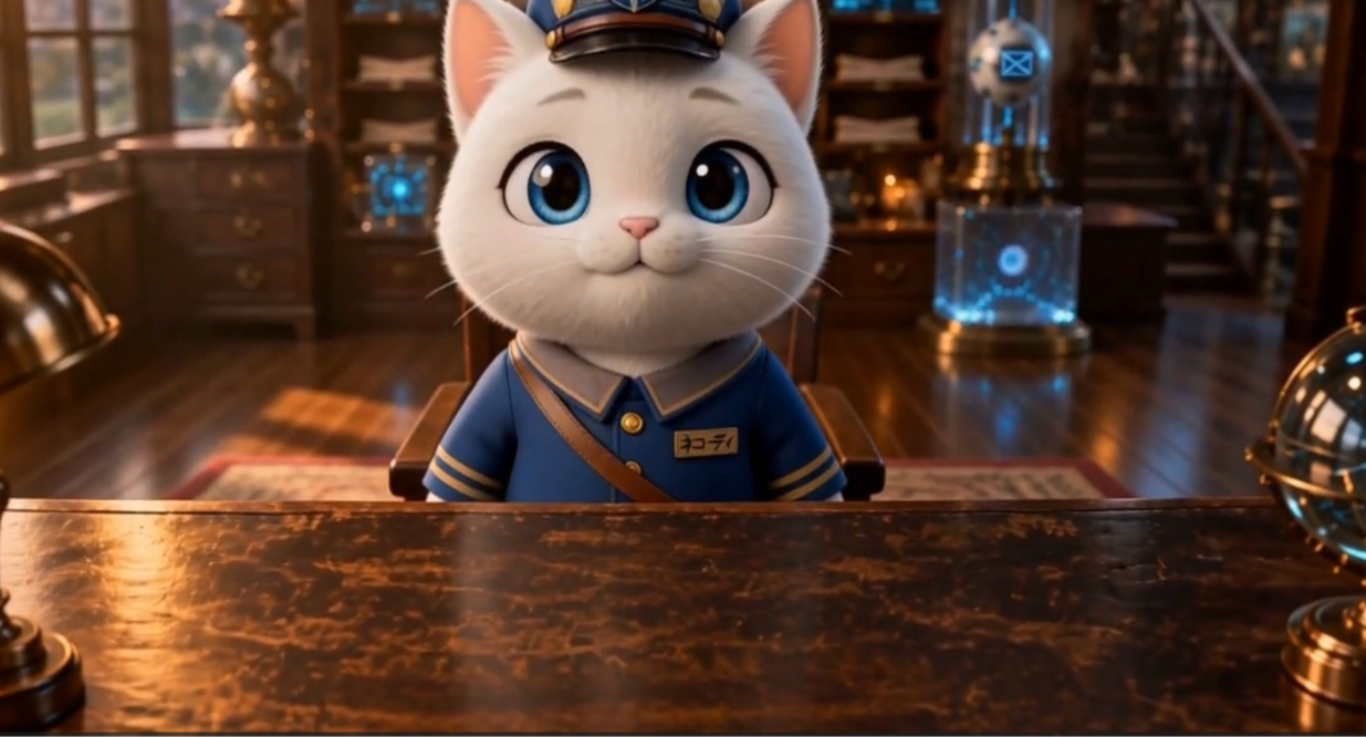 時空郵便局の制服を着た白猫のネコーディ