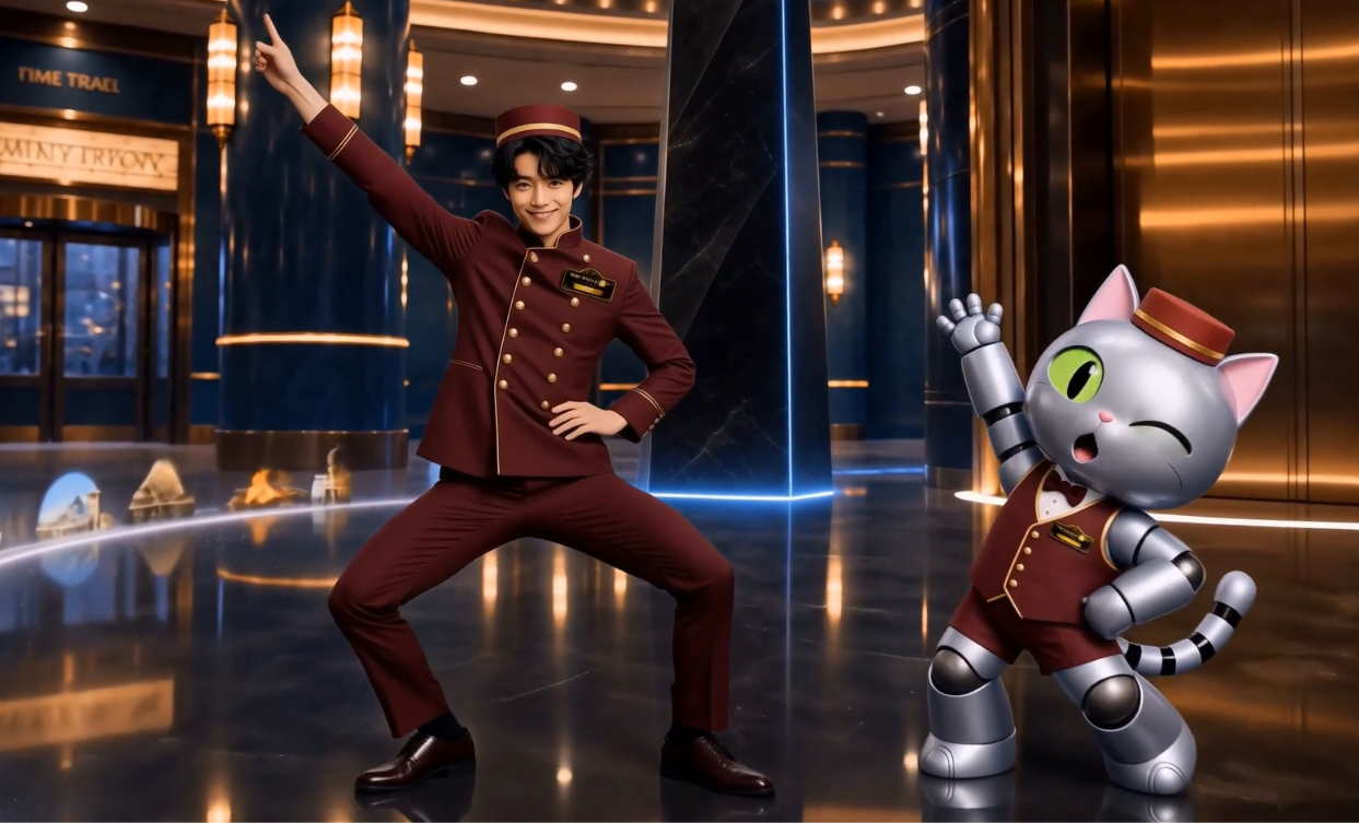 Time Travel Hotelでcoordiとポーズを決めるロボットのネコーディ
