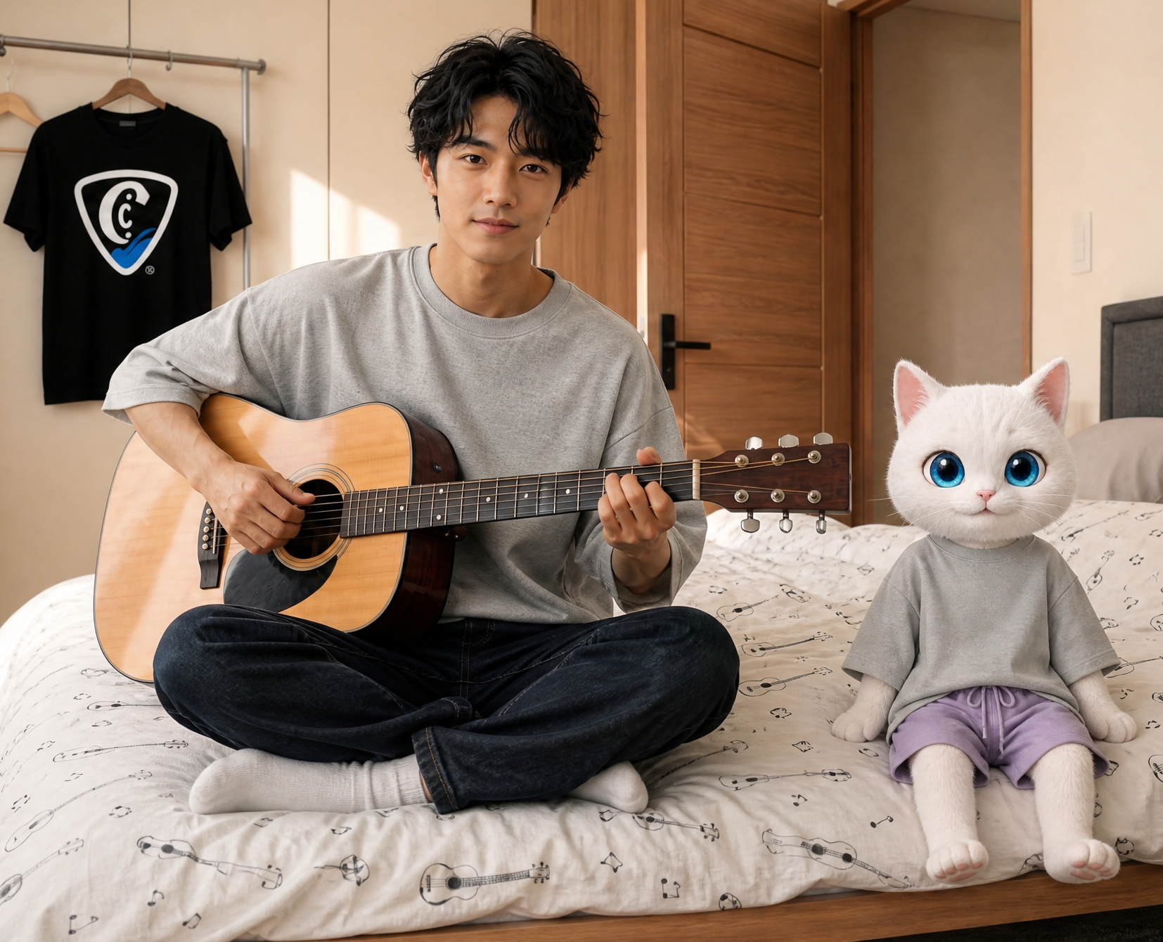 部屋で一緒にギターを楽しむcoordiと白猫のネコーディ